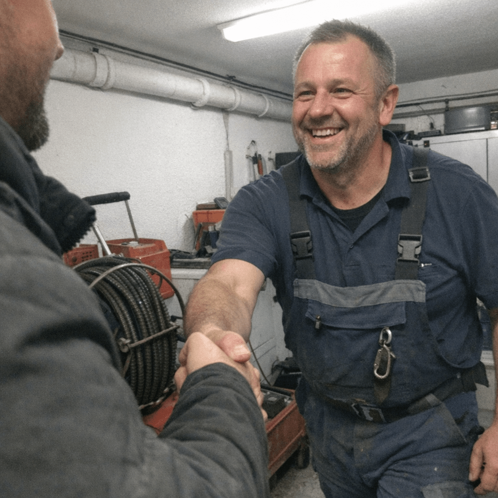 Installateur begrüßt eine Hauseigentümerin vor dem Eingang eines Mehrfamilienhauses