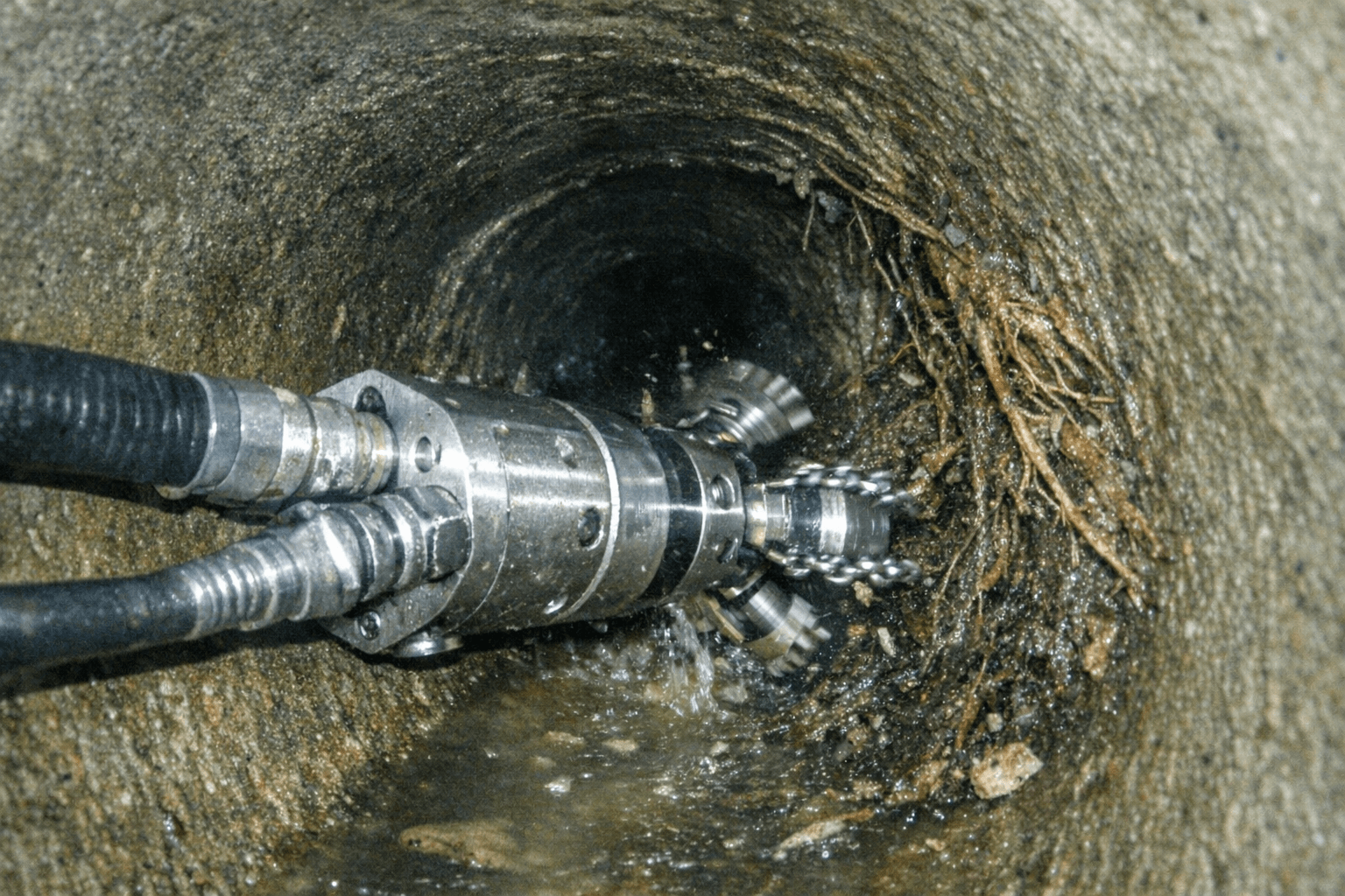 Kamerabildschirm auf einem Servicefahrzeug zeigt das Innere einer Abwasserleitung mit Wurzelbefall