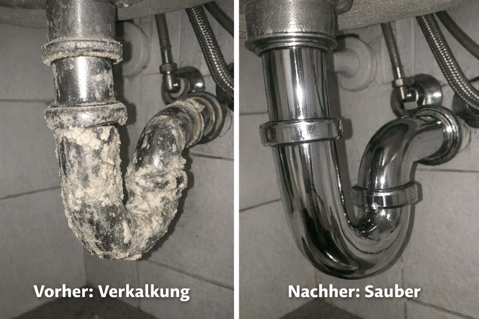 Geöffneter Siphon mit Kalk- und Fettrückständen auf dem Tisch