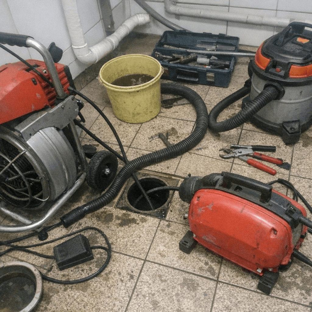 Monteur führt eine Spirale in eine geöffnete Abwasserleitung in einem Kellerraum ein